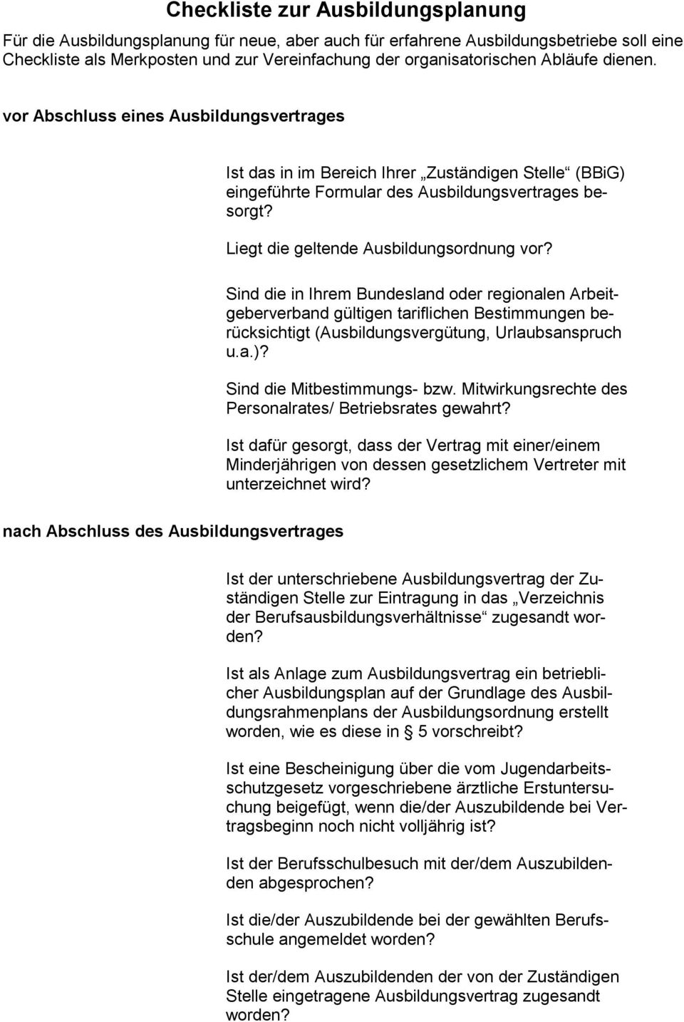 Liegt die geltende Ausbildungsordnung vor? Sind die in Ihrem Bundesland oder regionalen Arbeitgeberverband gültigen tariflichen Bestimmungen berücksichtigt (Ausbildungsvergütung, Urlaubsanspruch u.a.)?