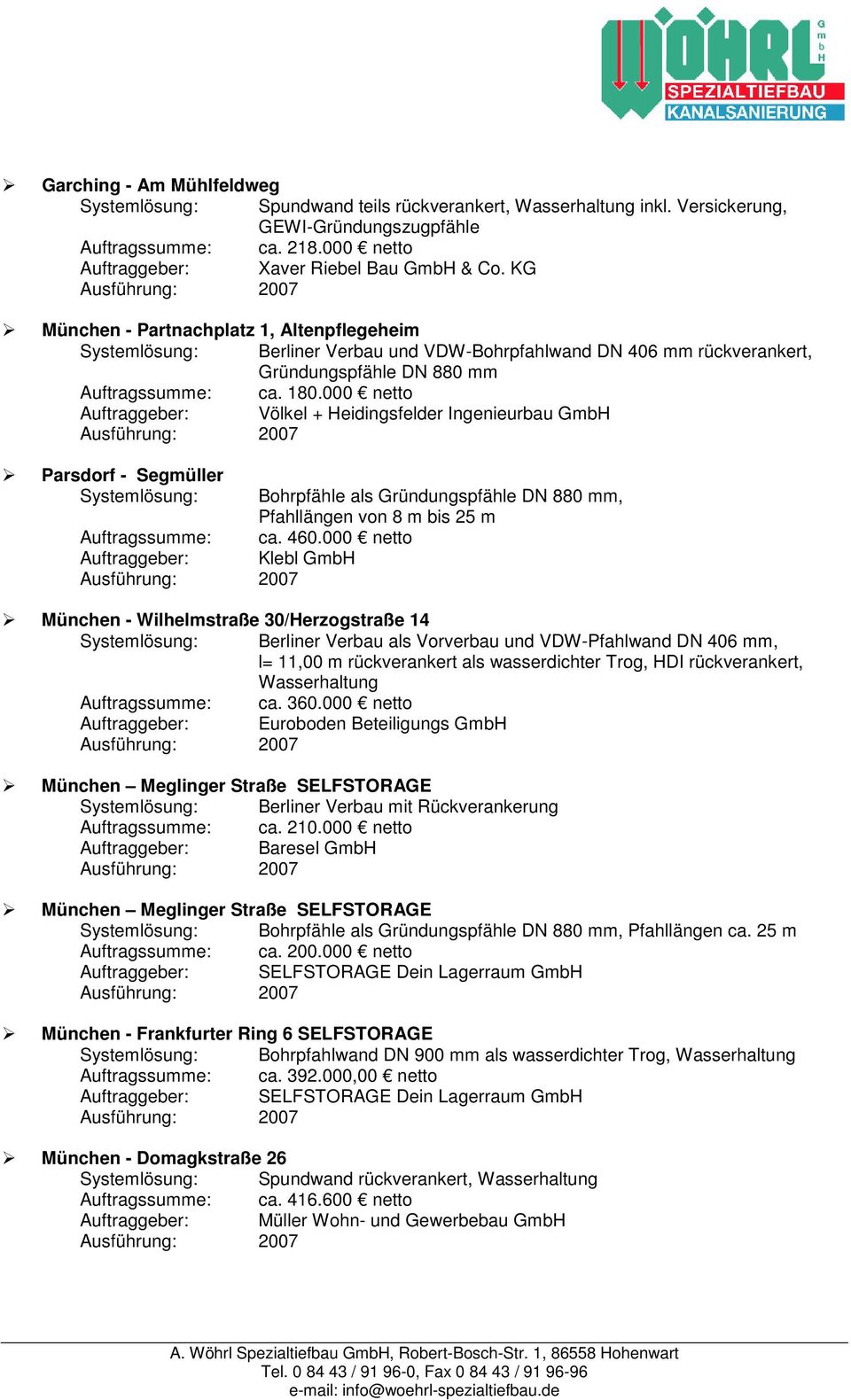 000 netto Auftraggeber: Völkel + Heidingsfelder Ingenieurbau GmbH Parsdorf - Segmüller Systemlösung: Bohrpfähle als Gründungspfähle DN 880 mm, Pfahllängen von 8 m bis 25 m Auftragssumme: ca. 460.
