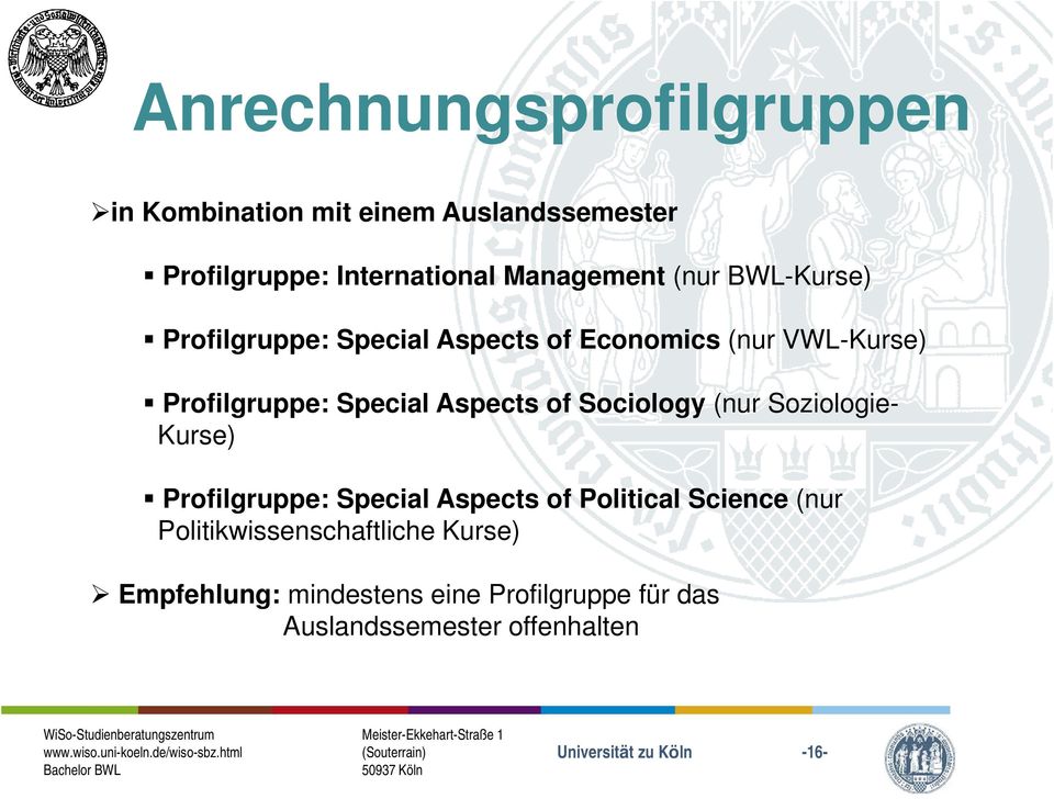 Special Aspects of Sociology (nur Soziologie- Kurse) Profilgruppe: Special Aspects of Political Science