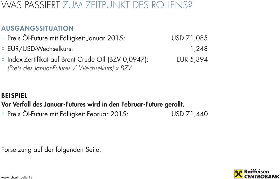 Index-Zertifikat auf Brent Crude Oil (BZV 0,0947): EUR 5,394 (Preis des Januar-Futures / Wechselkurs) x BZV