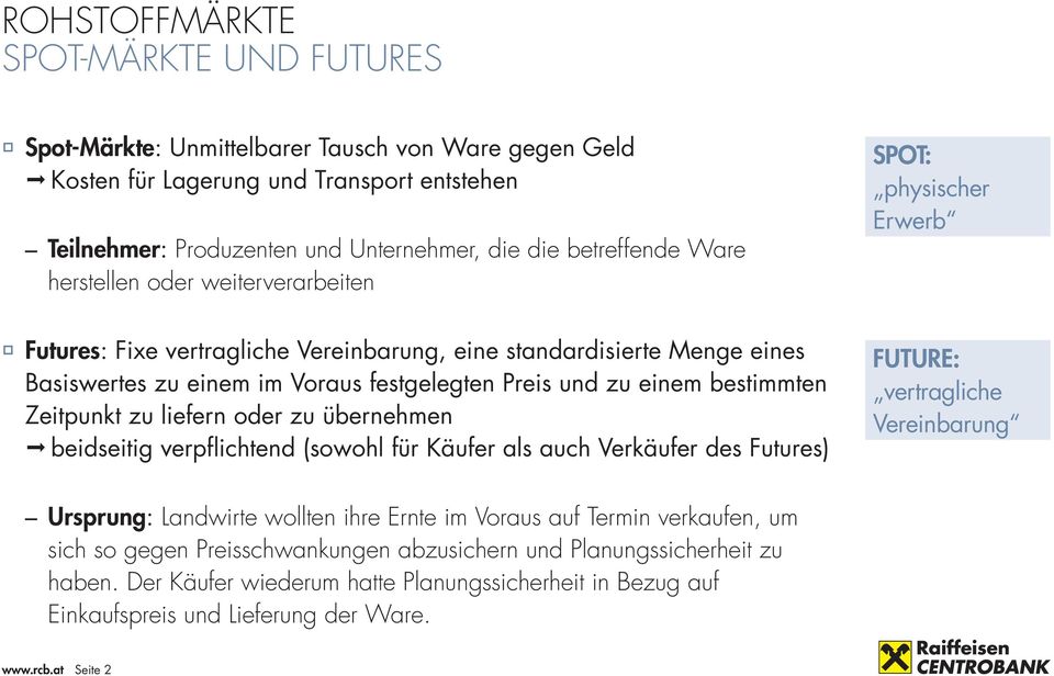 Preis und zu einem bestimmten Zeitpunkt zu liefern oder zu übernehmen beidseitig verpflichtend (sowohl für Käufer als auch Verkäufer des Futures) FUTURE: vertragliche Vereinbarung Ursprung: Landwirte