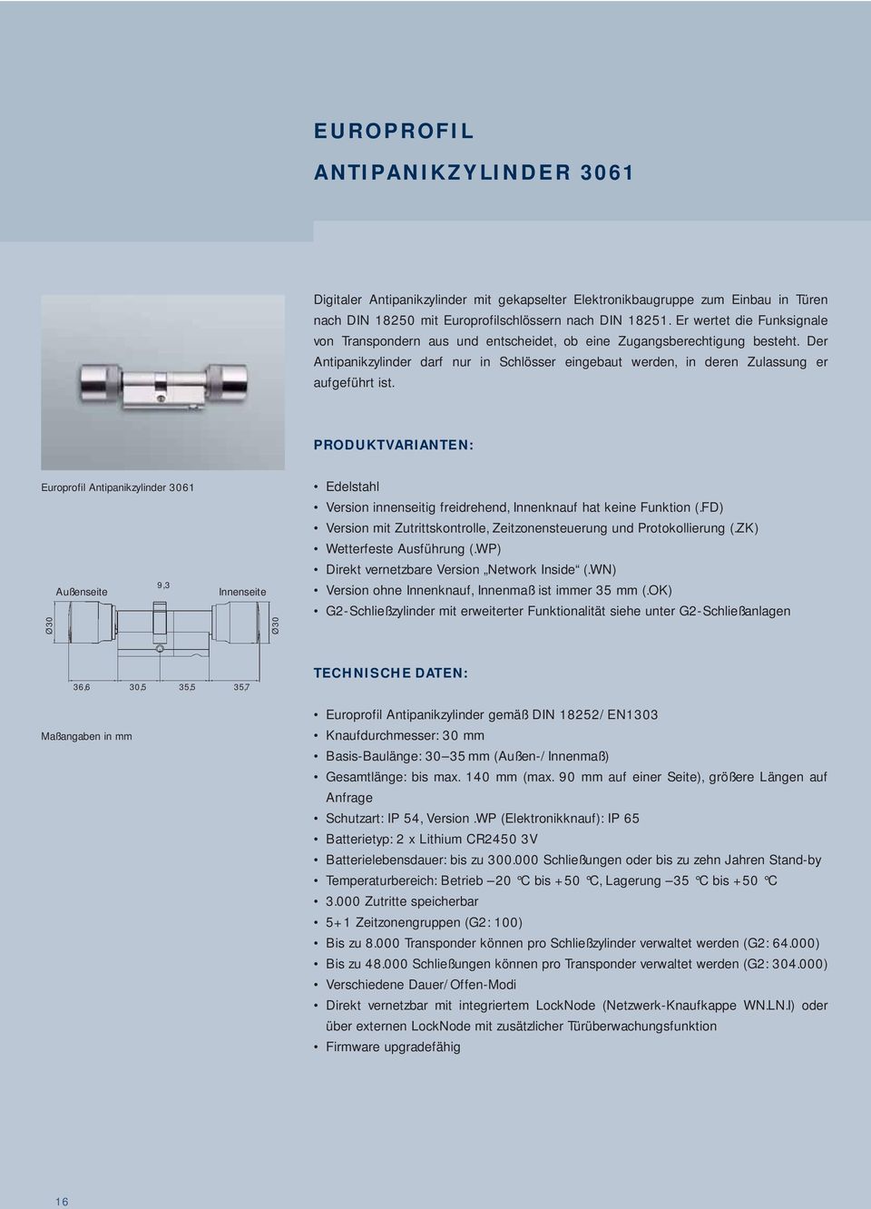 PRODUKTVARIANTEN: Europrofil Antipanikzylinder 3061 9,3 Außenseite Ø30 Innenseite Ø30 Edelstahl Version innenseitig freidrehend, Innenknauf hat keine Funktion (.