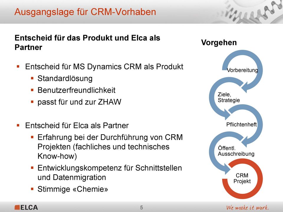 Entscheid für Elca als Partner Erfahrung bei der Durchführung von CRM Projekten (fachliches und technisches