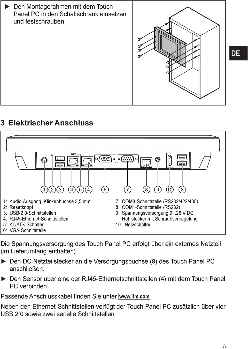 ..28 V DC Hohlstecker mit Schraubverriegelung 10: Netzschalter Die Spannungsversorgung des Touch Panel PC erfolgt über ein externes Netzteil (im Lieferumfang enthalten).