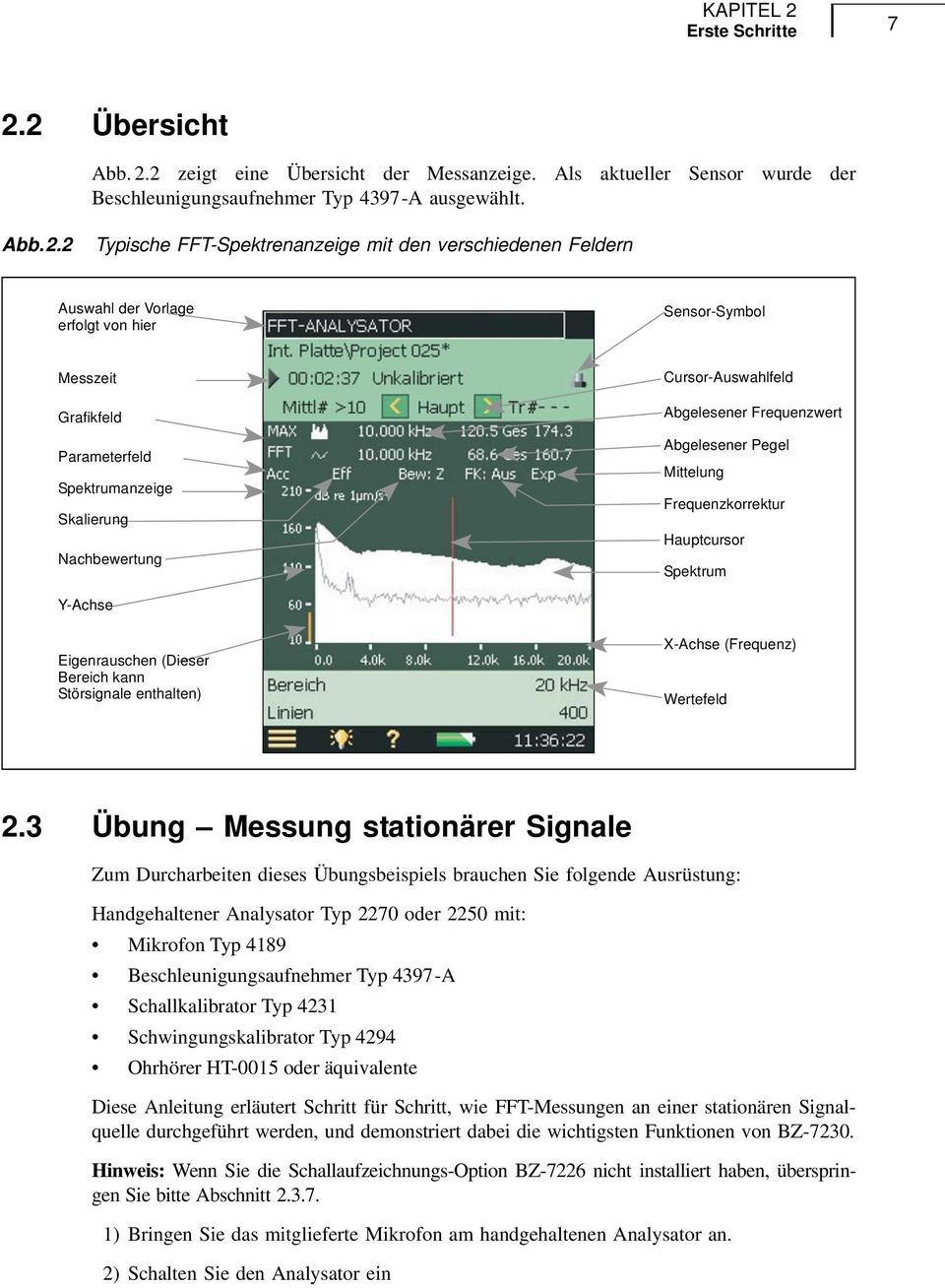 2 Übersicht Abb. 2.2 zeigt eine Übersicht der Messanzeige. Als aktueller Sensor wurde der Beschleunigungsaufnehmer Typ 4397-A ausgewählt. Abb.2.2 Typische FFT-Spektrenanzeige mit den verschiedenen