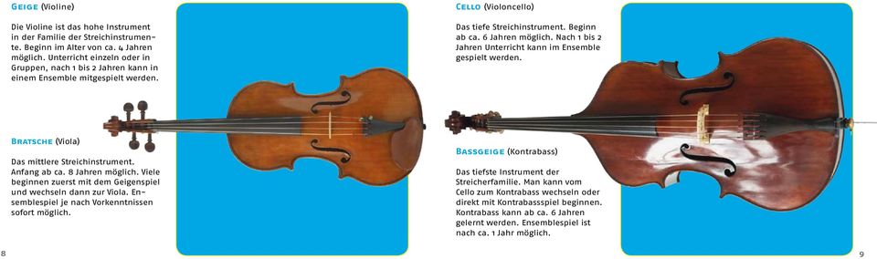 Nach 1 bis 2 Jahren Unterricht kann im Ensemble gespielt werden. Bratsche (Viola) Das mittlere Streichinstrument. Anfang ab ca. 8 Jahren möglich.