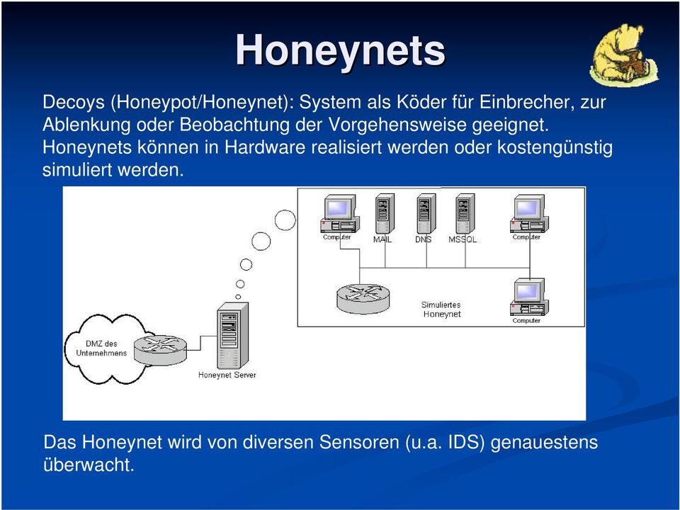 Honeynets können in Hardware realisiert werden oder kostengünstig