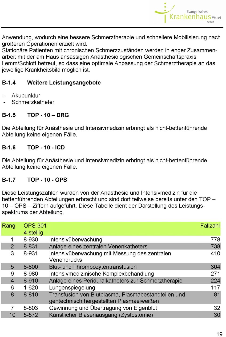 Anpassung der Schmerztherapie an das jeweilige Krankheitsbild möglich ist. B-1.4 Weitere Leistungsangebote - Akupunktur - Schmerzkatheter B-1.