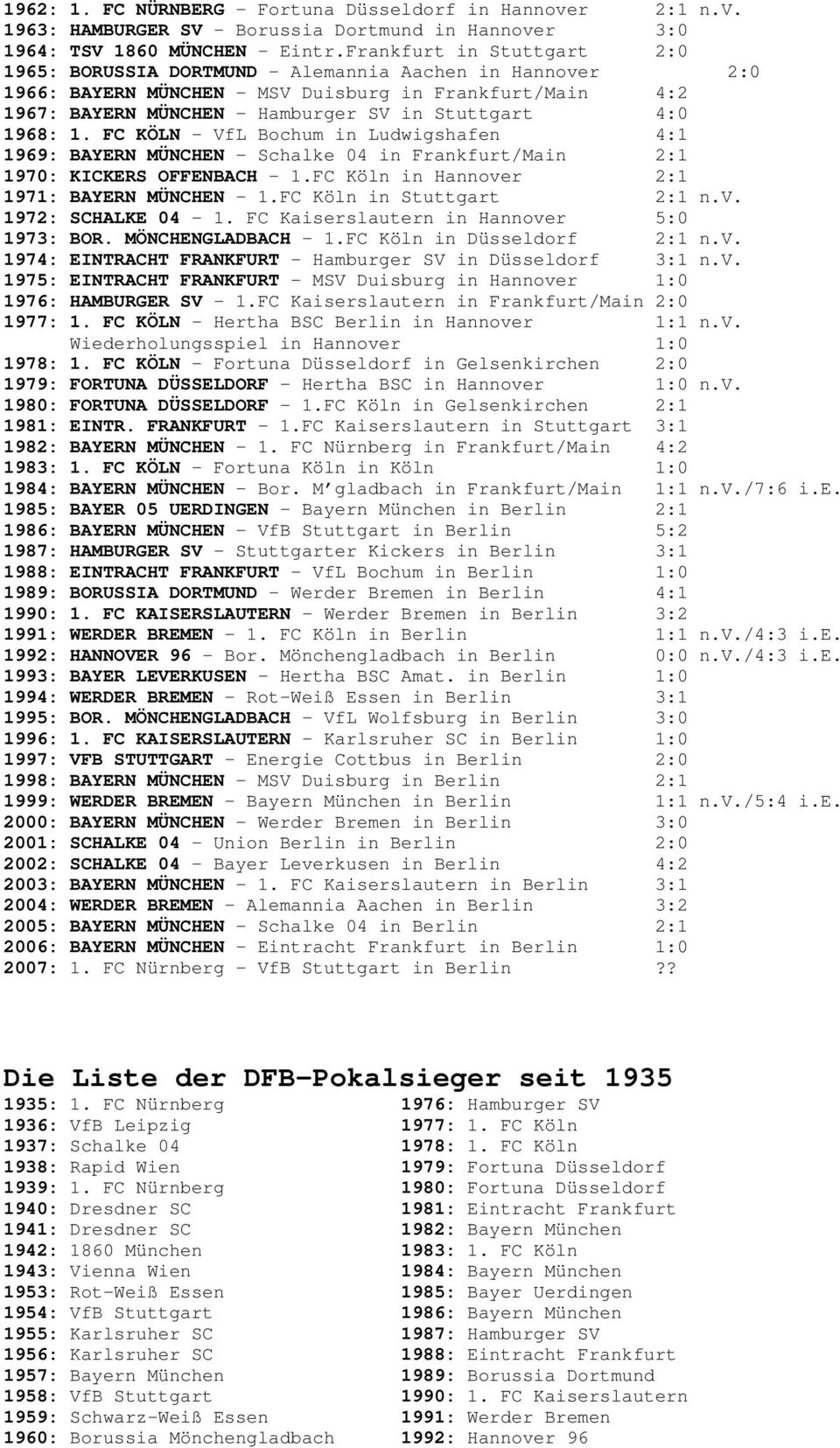 1968: 1. FC KÖLN - VfL Bochum in Ludwigshafen 4:1 1969: BAYERN MÜNCHEN - Schalke 04 in Frankfurt/Main 2:1 1970: KICKERS OFFENBACH - 1.FC Köln in Hannover 2:1 1971: BAYERN MÜNCHEN - 1.