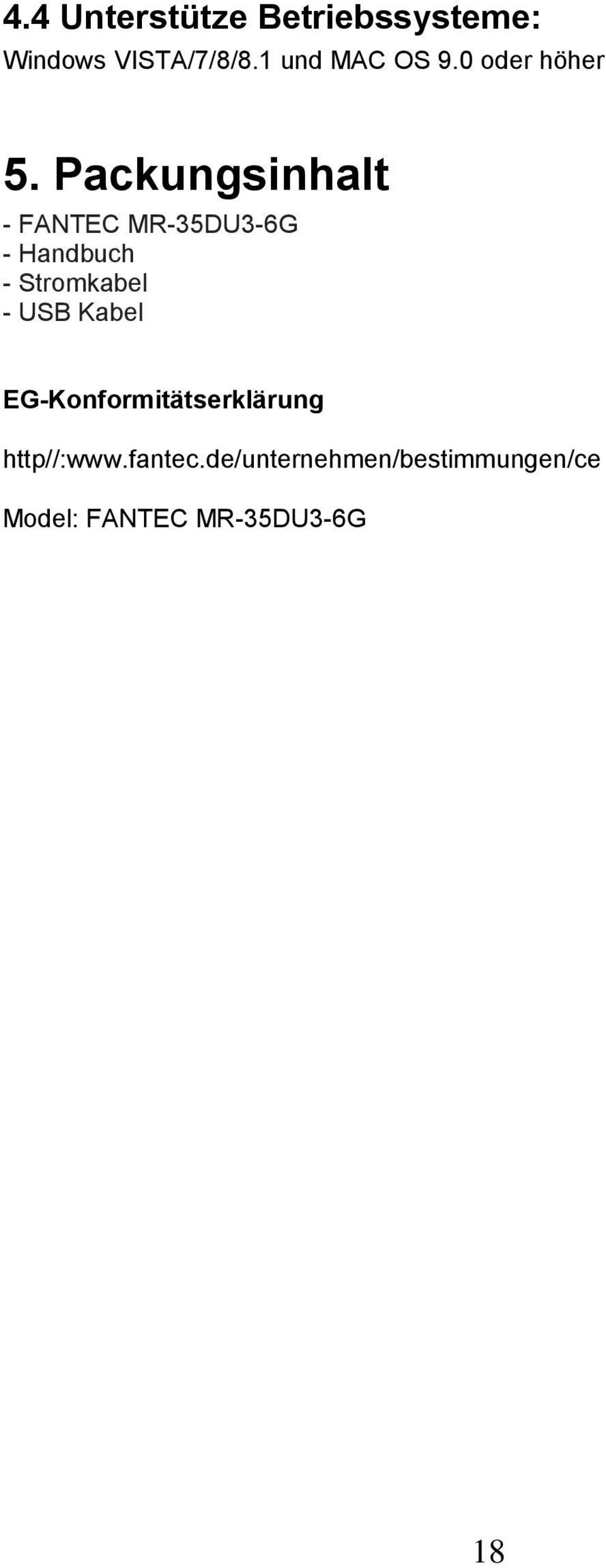 Packungsinhalt - FANTEC MR-35DU3-6G - Handbuch - Stromkabel -