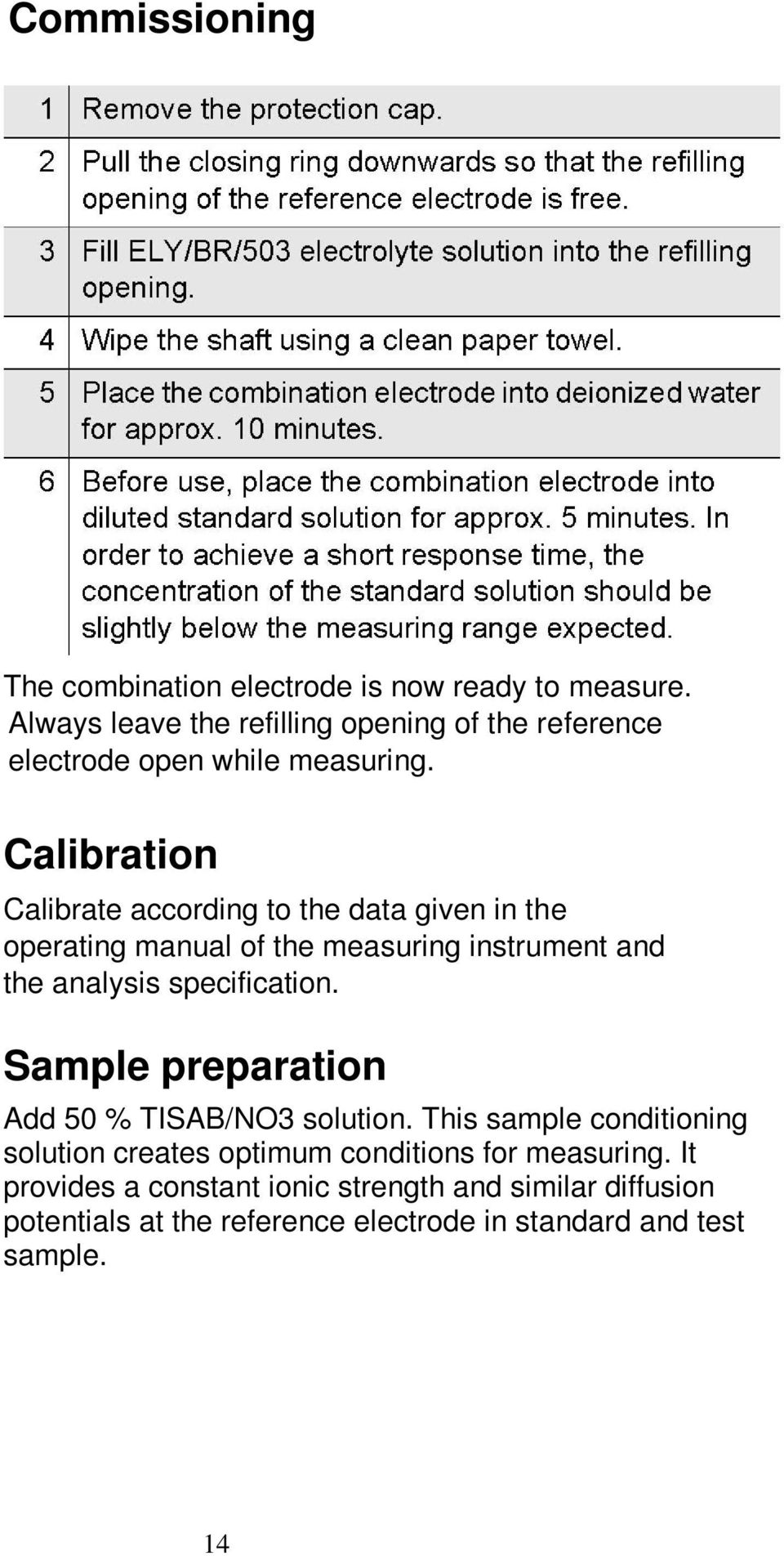 Calibration Calibrate according to the data given in the operating manual of the measuring instrument and the analysis specification.