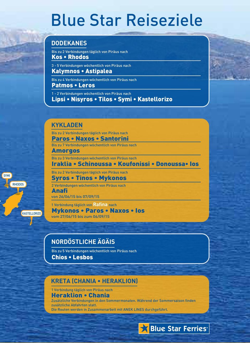 Santorini Bis zu 7 Verbindungen wöchentlich von Piräus nach Amorgos Bis zu 3 Verbindungen wöchentlich von Piräus nach Iraklia Schinoussa Koufonissi Donoussa Ios Bis zu 2 Verbindungen täglich von