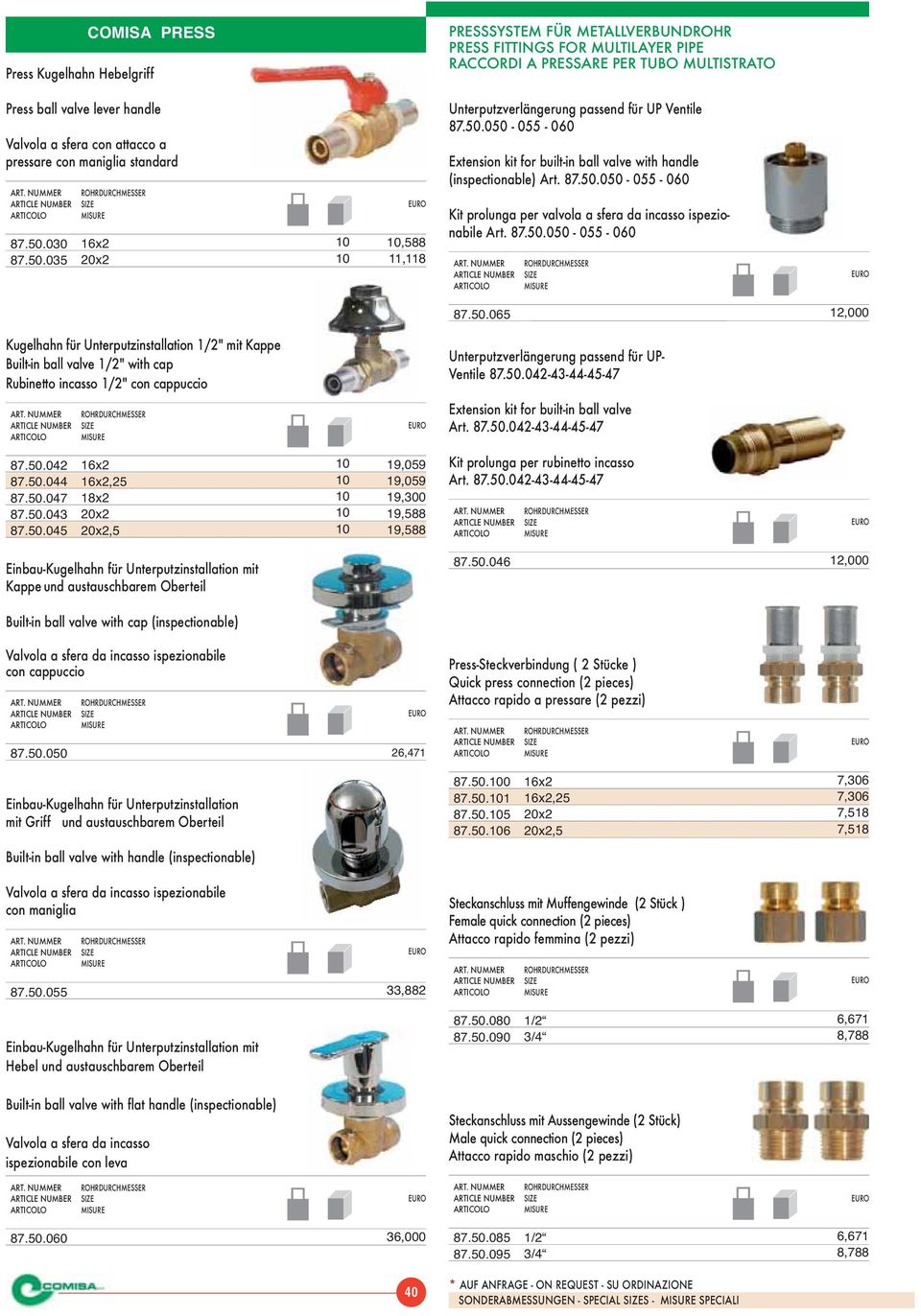 87.0.00-0 - 0 87.0.06,000 Kugelhahn für Unterputzinstallation /" mit Kappe Built-in ball valve /" with cap Rubinetto incasso /" con cappuccio Unterputzverlängerung passend für UP- Ventile 87.0.04-4-44-4-47 Extension kit for built-in ball valve Art.