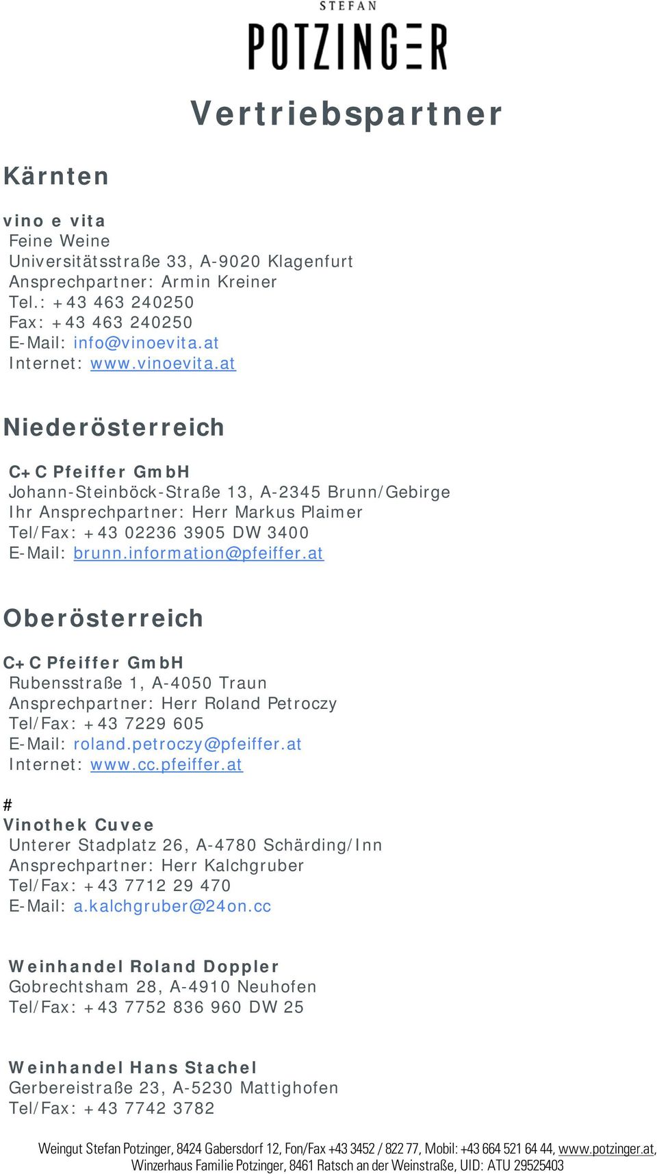 information@pfeiffer.at Oberösterreich Rubensstraße 1, A-4050 Traun Ansprechpartner: Herr Roland Petroczy Tel/Fax: +43 7229 605 E-Mail: roland.petroczy@pfeiffer.