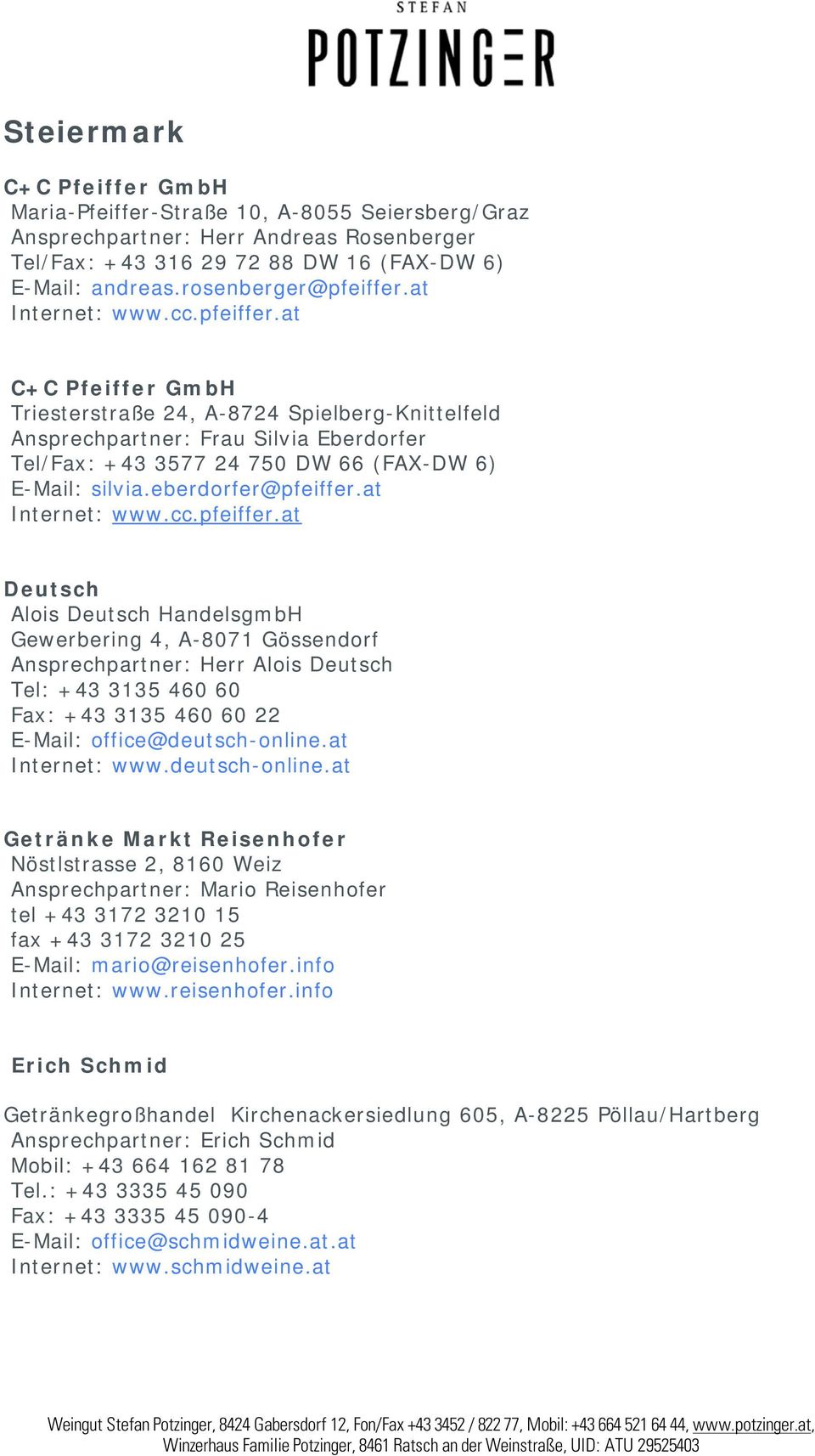 at Deutsch Alois Deutsch HandelsgmbH Gewerbering 4, A-8071 Gössendorf Ansprechpartner: Herr Alois Deutsch Tel: +43 3135 460 60 Fax: +43 3135 460 60 22 E-Mail: office@deutsch-online.at Internet: www.