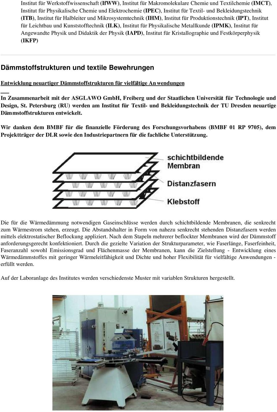 Metallkunde (IPMK), Institut für Angewandte Physik und Didaktik der Physik (IAPD), Institut für Kristallographie und Festkörperphysik (IKFP) Dämmstoffstrukturen und textile Bewehrungen Entwicklung