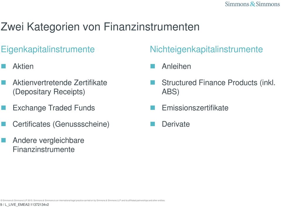 (Genussscheine) Nichteigenkapitalinstrumente Anleihen Structured Finance Products