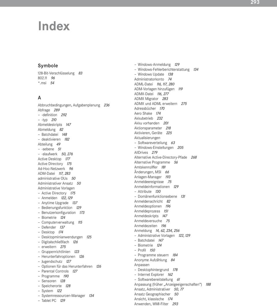 Desktop 177 Active Directory 175 Ad-Hoc-Netzwerk 96 ADM-Datei 117, 283 administrative OUs 50 Administrativer Ansatz 50 Administrative Vorlagen Active Directory 175 Anmelden 122, 129 Anytime Upgrade