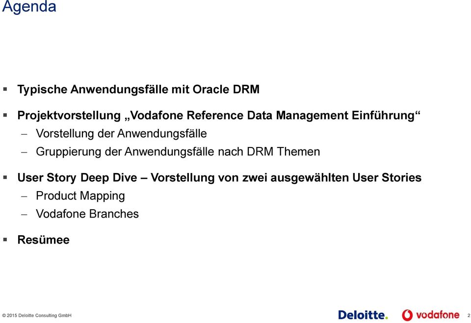 der Anwendungsfälle nach DRM Themen User Story Deep Dive Vorstellung von zwei