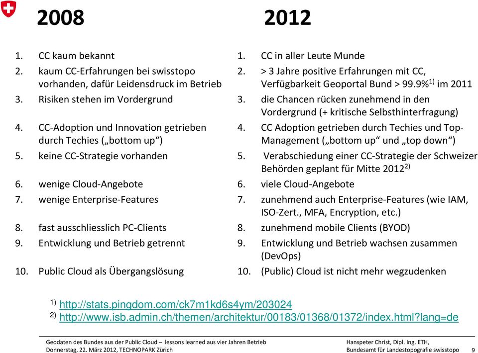 Entwicklung und Betrieb getrennt 10. Public Cloud als Übergangslösung 1. CC in aller Leute Munde 2. > 3 Jahre positive Erfahrungen mit CC, Verfügbarkeit Geoportal Bund > 99.9% 1) im 2011 3.