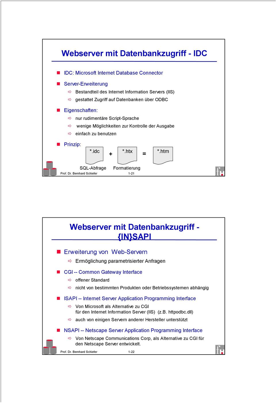 Bernhard Schiefer 1-21 Webserver mit Datenbankzugriff - {IN}SAPI Erweiterung von Web-Servern Ermöglichung parametrisierter Anfragen CGI -- Common Gateway Interface offener Standard nicht von