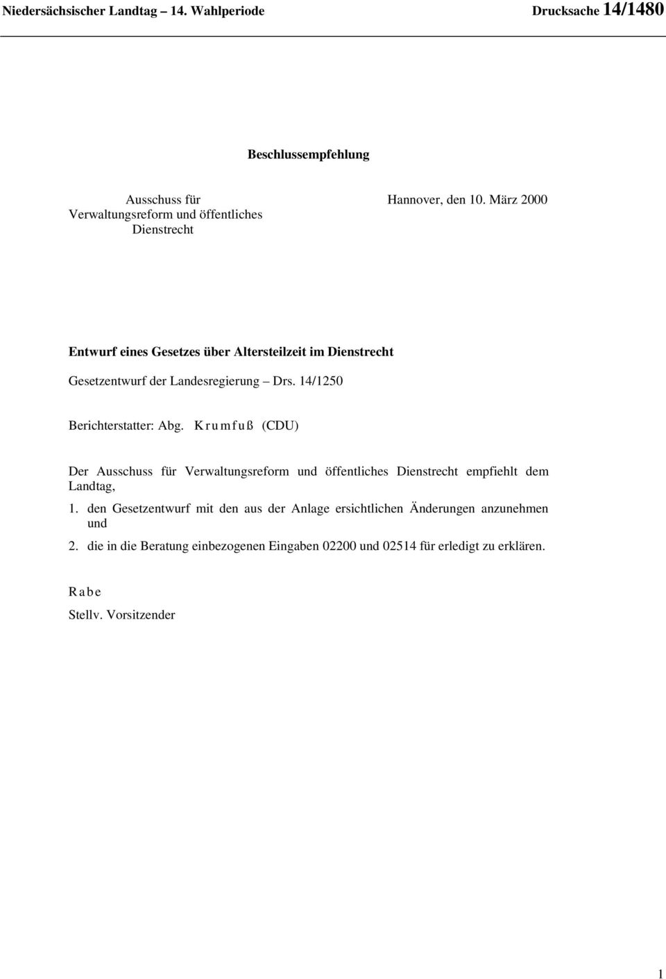 Landesregierung Drs. 14/1250 Berichterstatter: Abg.
