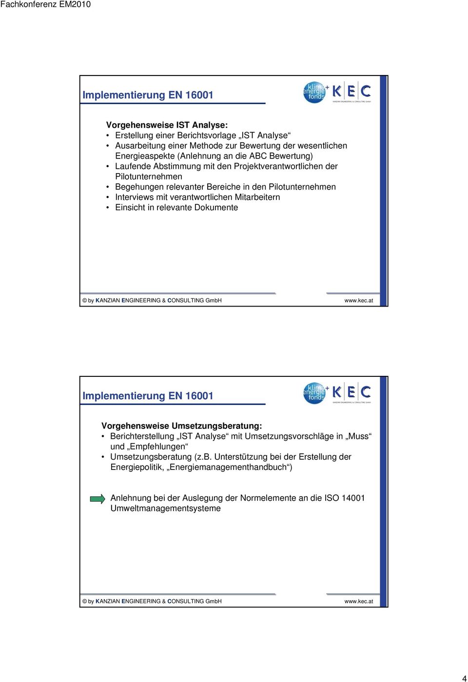 Mitarbeitern Einsicht in relevante Dokumente Implementierung EN 16001 Vorgehensweise Umsetzungsberatung: Berichterstellung IST Analyse mit Umsetzungsvorschläge in Muss und Empfehlungen