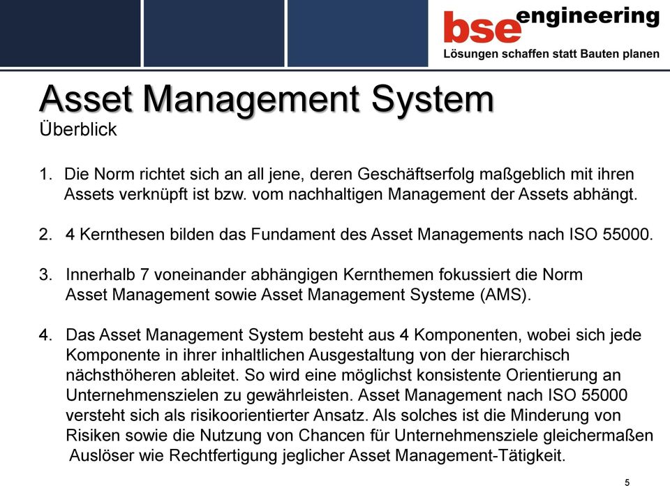 Das Asset Management System besteht aus 4 Komponenten, wobei sich jede Komponente in ihrer inhaltlichen Ausgestaltung von der hierarchisch nächsthöheren ableitet.