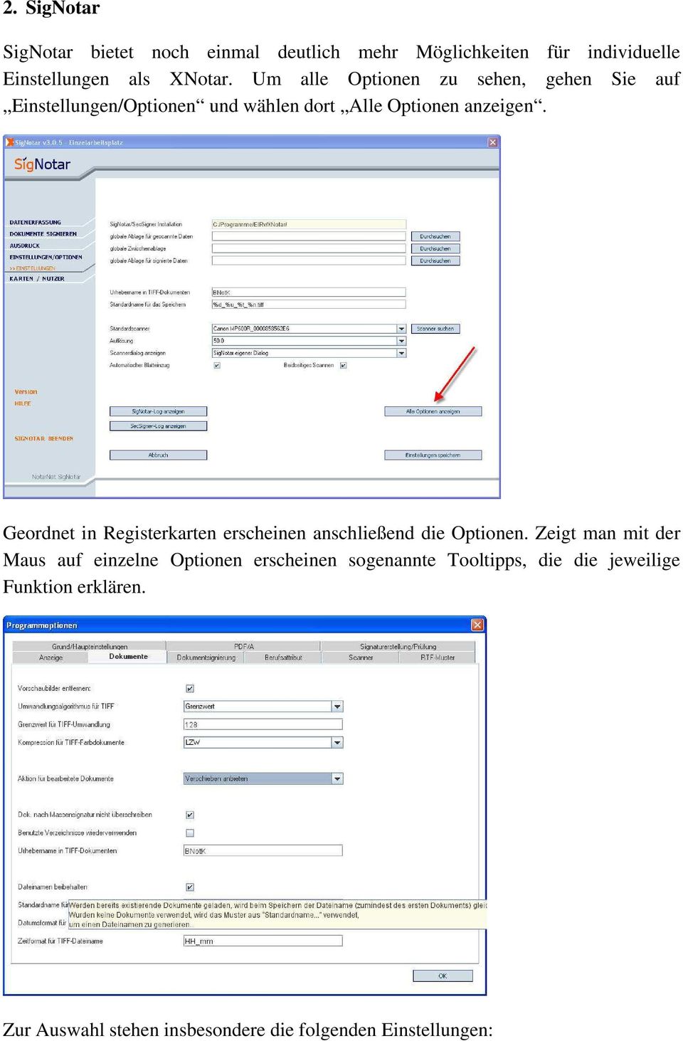 Geordnet in Registerkarten erscheinen anschließend die Optionen.