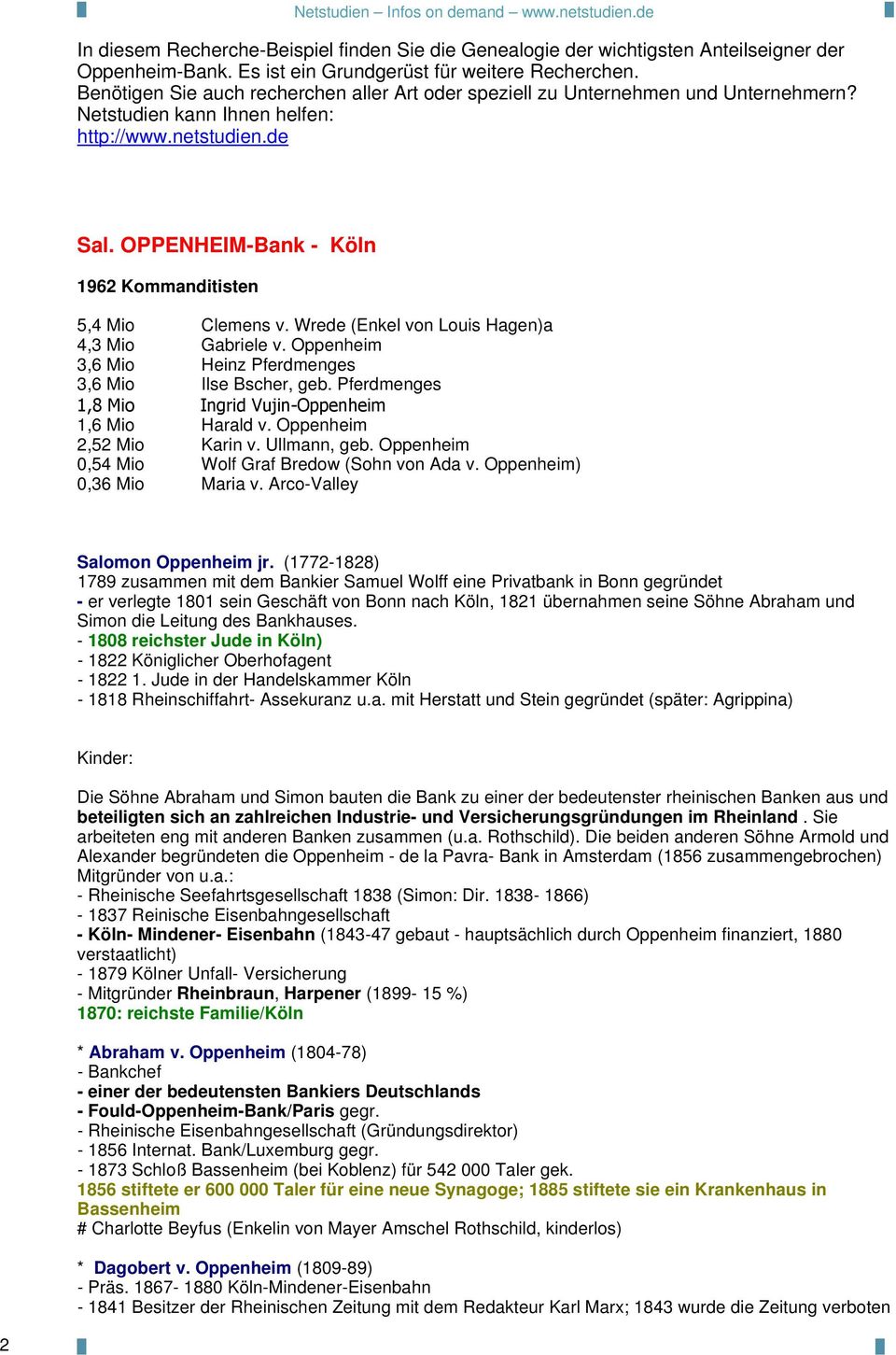OPPENHEIM-Bank - Köln 1962 Kommanditisten 5,4 Mio Clemens v. Wrede (Enkel von Louis Hagen)a 4,3 Mio Gabriele v. Oppenheim 3,6 Mio Heinz Pferdmenges 3,6 Mio Ilse Bscher, geb.