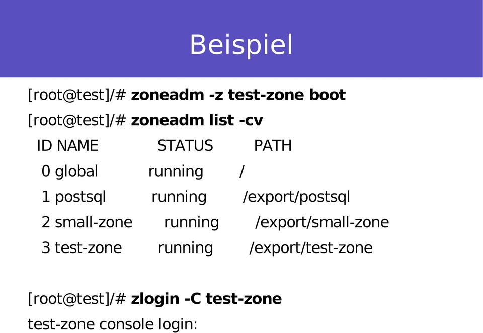 /export/postsql 2 small-zone running /export/small-zone 3 test-zone