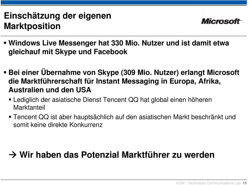 Nutzer) erlangt Microsoft die Marktführerschaft für Instant Messaging in Europa, Afrika, Australien und den USA Lediglich der asiatische
