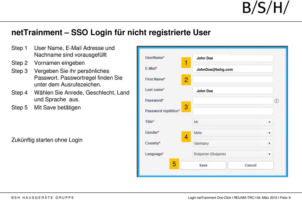 2 JohnDoe@bshg.com Step 4 Step 5 Wählen Sie Anrede, Geschlecht, Land und Sprache aus.