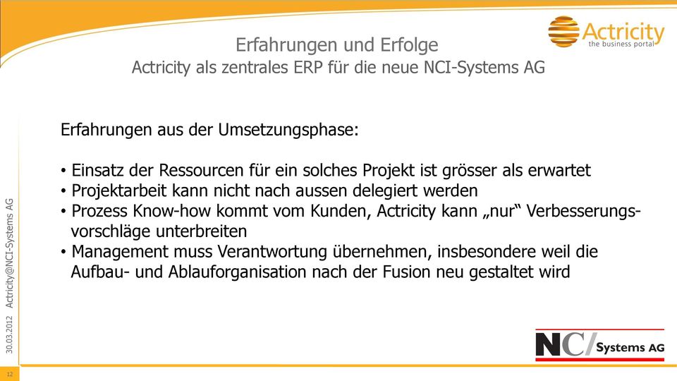 Know-how kommt vom Kunden, Actricity kann nur Verbesserungsvorschläge unterbreiten Management muss