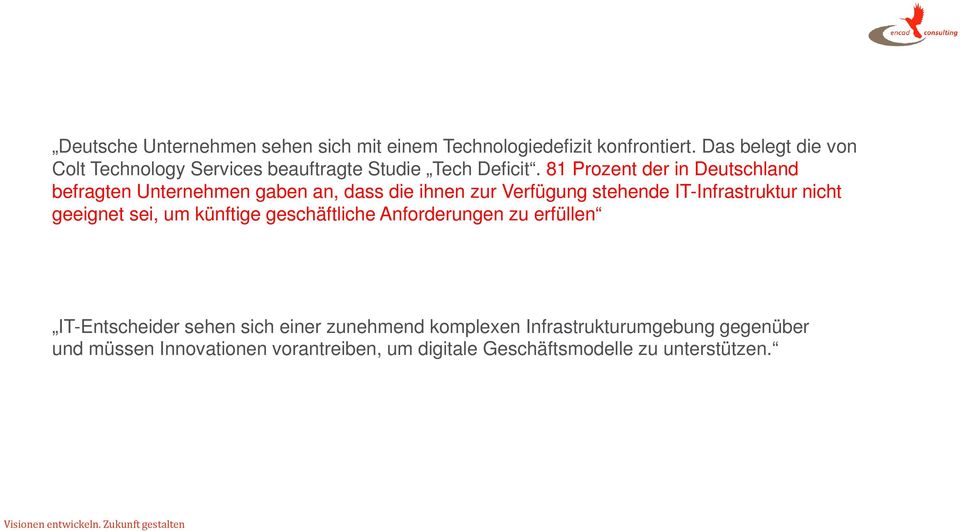 81 Prozent der in Deutschland befragten Unternehmen gaben an, dass die ihnen zur Verfügung stehende IT-Infrastruktur nicht