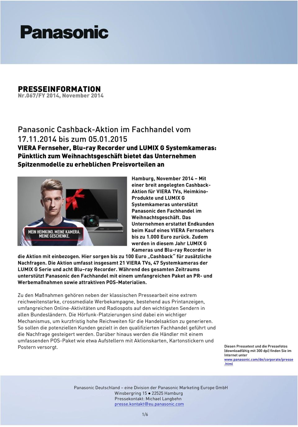 Panasonic Cashback-Aktion im Fachhandel vom 17.11.2014