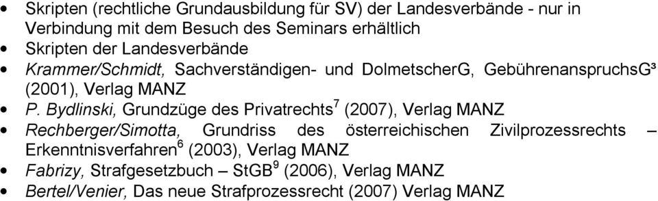 Bydlinski, Grundzüge des Privatrechts 7 (2007), Verlag MANZ Rechberger/Simotta, Grundriss des österreichischen Zivilprozessrechts