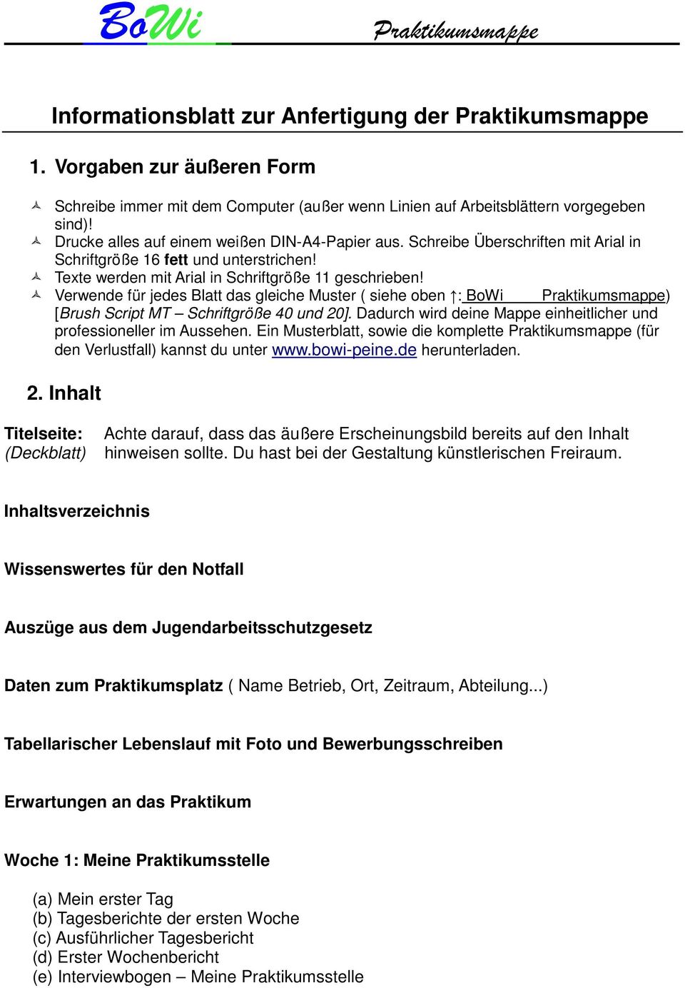 Informationsblatt Zur Anfertigung Der Praktikumsmappe Pdf