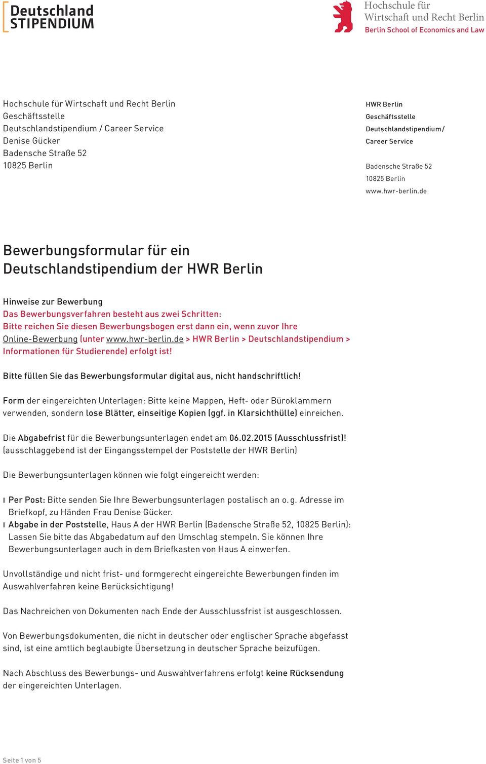 Bewerbungsformular Für Ein Deutschlandstipendium Der Hwr Berlin Pdf