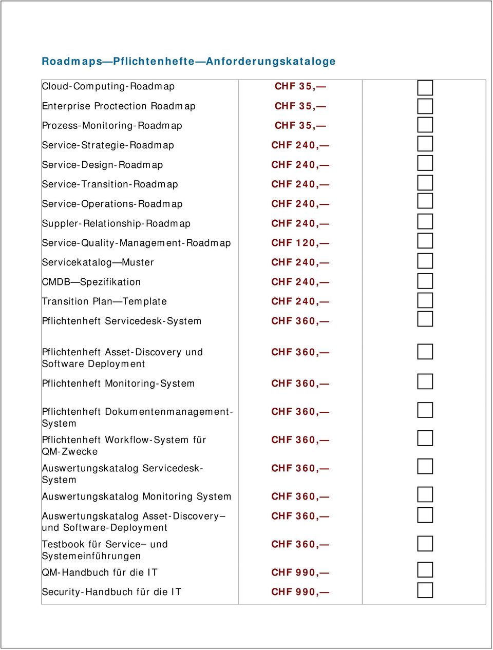 Servicekatalog Muster CHF 240, CMDB Spezifikation CHF 240, Transition Plan Template CHF 240, Pflichtenheft Servicedesk-System Pflichtenheft Asset-Discovery und Software Deployment Pflichtenheft