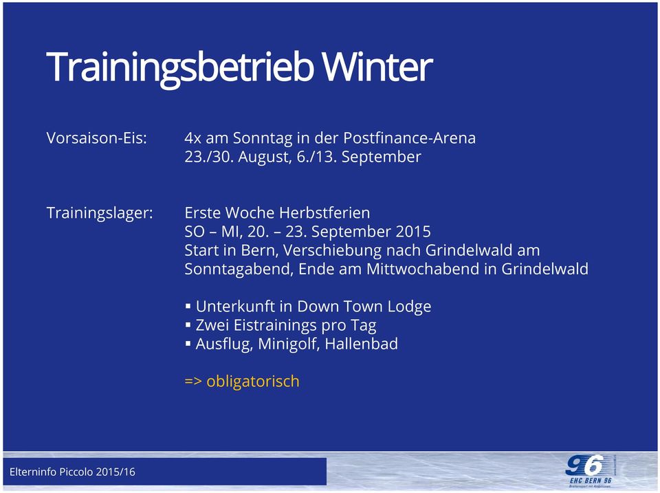 September 2015 Start in Bern, Verschiebung nach Grindelwald am Sonntagabend, Ende am