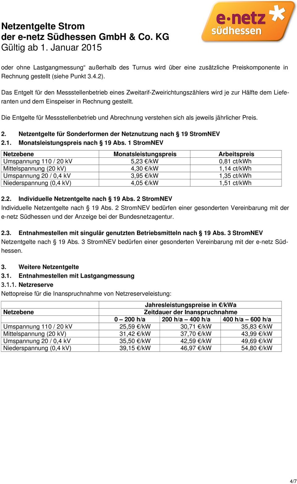 Die Entgelte für Messstellenbetrieb und Abrechnung verstehen sich als jeweils jährlicher Preis. 2. Netzentgelte für Sonderformen der Netznutzung nach 19 StromNEV 2.1. Monatsleistungspreis nach 19 Abs.