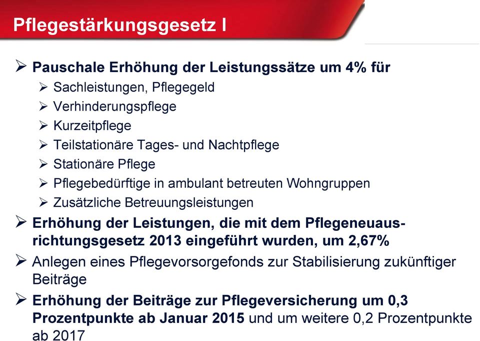 Erhöhung der Leistungen, die mit dem Pflegeneuausrichtungsgesetz 2013 eingeführt wurden, um 2,67% Anlegen eines Pflegevorsorgefonds zur