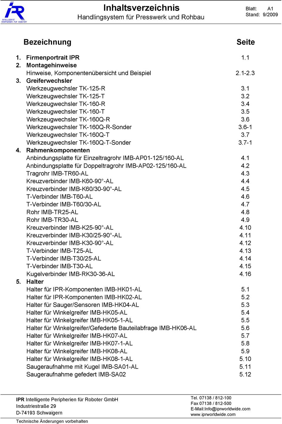 6 Werkzeugwechsler TK-160Q-R-Sonder 3.6-1 Werkzeugwechsler TK-160Q-T 3.7 Werkzeugwechsler TK-160Q-T-Sonder 3.7-1 4. Rahmenkomponenten Anbindungsplatte für Einzeltragrohr IMB-AP01-125/160-AL 4.