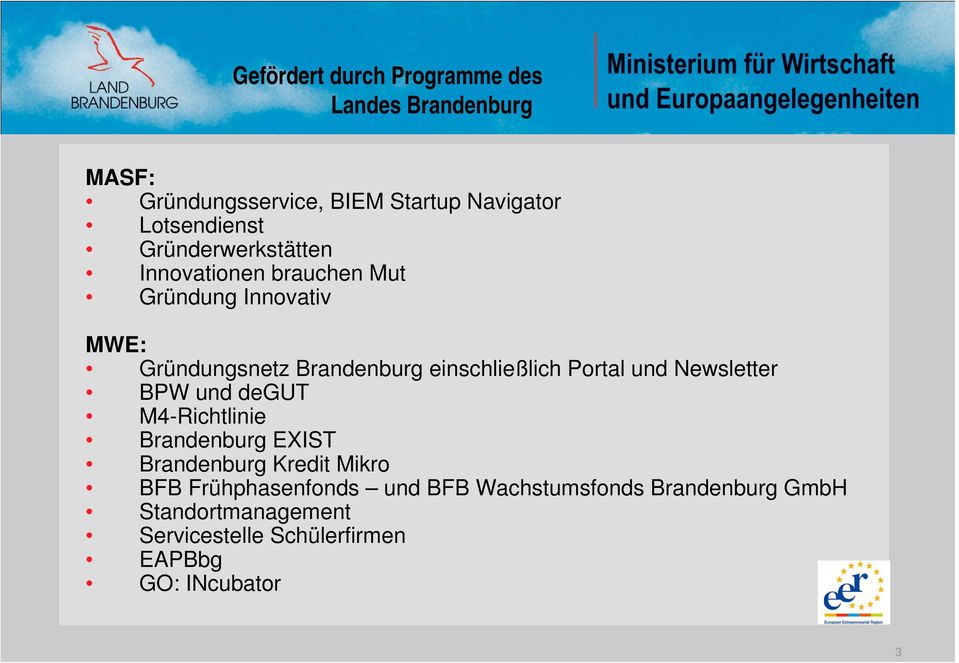 Portal und Newsletter BPW und degut M4-Richtlinie Brandenburg EXIST Brandenburg Kredit Mikro BFB
