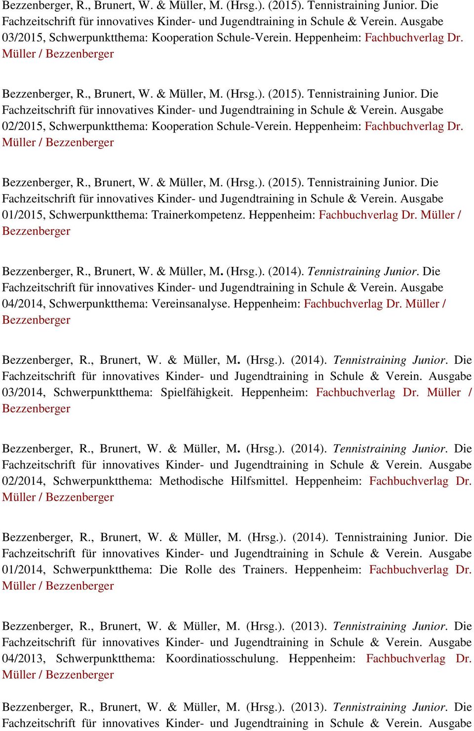 Heppenheim: Fachbuchverlag Dr. Müller / Bezzenberger Bezzenberger, R., Brunert, W. & Müller, M. (Hrsg.). (2014). Tennistraining Junior. Die 04/2014, Schwerpunktthema: Vereinsanalyse.