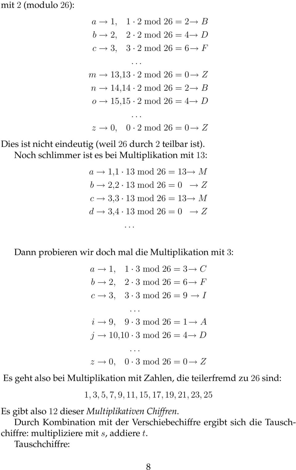 Noch schlimmer ist es bei Multiplikation mit 13: a 1,1 13 mod 26 = 13 M b 2,2 13 mod 26 = 0 Z c 3,3 13 mod 26 = 13 M d 3,4 13 mod 26 = 0.