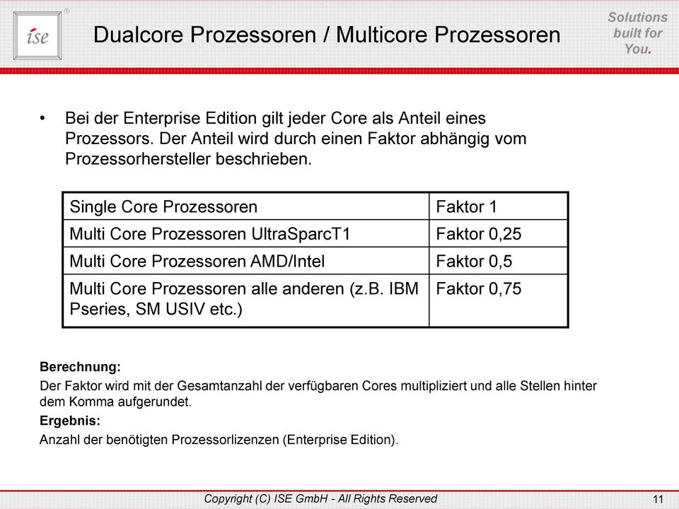 Single Core Prozessoren Faktor 1 Multi Core Prozessoren UltraSparcT1 Faktor 0,25 Multi Core Prozessoren AMD/Intel Faktor 0,5 Multi Core Prozessoren alle anderen (z.