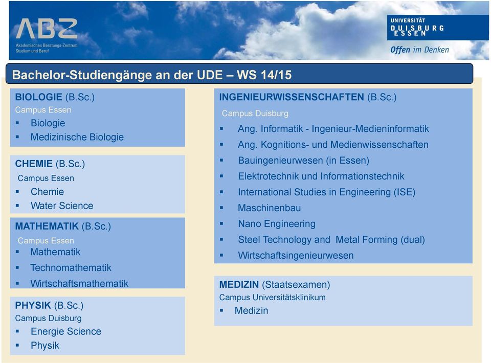 Kognitions- und Medienwissenschaften Bauingenieurwesen (in Essen) Elektrotechnik und Informationstechnik International Studies in Engineering (ISE) Maschinenbau Nano