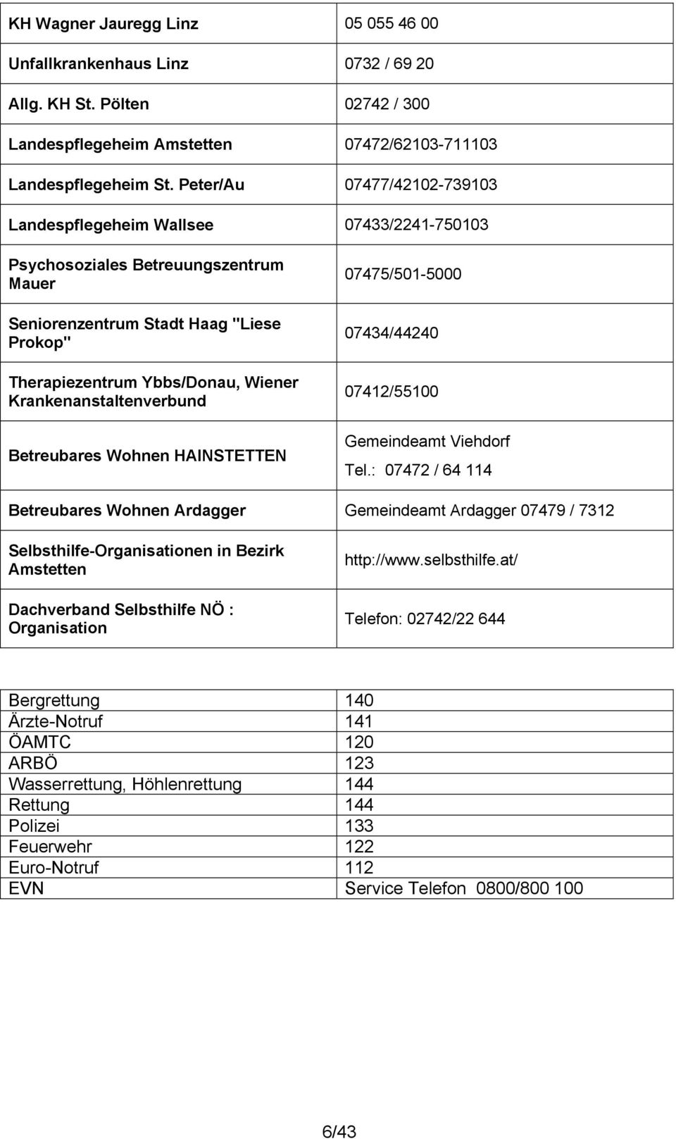 Krankenanstaltenverbund Betreubares Wohnen HAINSTETTEN 07475/501-5000 07434/44240 07412/55100 Gemeindeamt Viehdorf Tel.
